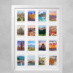 Op de afbeelding: Een wit omkaderde collage met zestien kleine foto's van Italiaanse bezienswaardigheden en scènes. De afbeeldingen tonen verschillende architectonische structuren, landschappen en voedsel, die de essentie van Italië vastleggen. De lijst is rechthoekig en gemonteerd op een neutrale grijze achtergrond.
