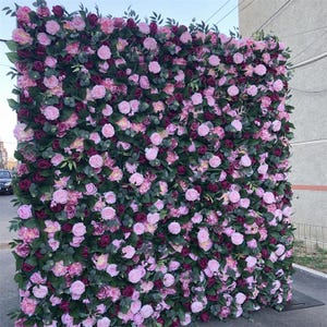 068 Wedding Stage Floral Wall Backdrop Decor High Quality Pink Rose Flower Wall Curtain Mat Roll Up Cloth Fabric Silk Roll Up Flower Wall