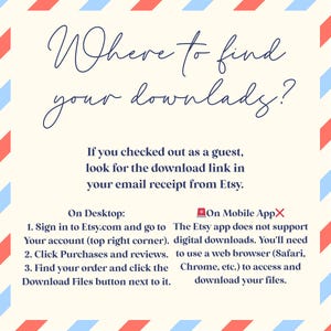 Puede incluir: Gr&aacute;fico color crema con texto: "&iquest;D&oacute;nde encontrar tu descarga?" Se proporcionan instrucciones para encontrar descargas digitales en Etsy. Bordes decorativos a rayas rojas y azules enmarcan el texto.