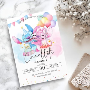 Stitch and Angel Birthday Invitation: Editable & Printable Template – Beautiful Invitation for Your Little One's Birthday, Editable in Canva