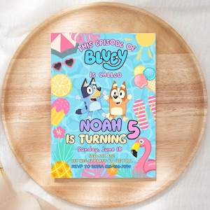 Bluey Pool Party Birthday Invitation, bluey birthday invitation, Summer Birthday Party invitation, Pool Party Invitation, Canva Editable