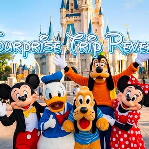 May include: Mickey Mouse, Donald Duck, Pluto, Goofy, and Minnie Mouse standing in front of a large castle. The text Surprise Trip Reveal is written in blue letters across the top. The characters are wearing their signature colorful outfits.