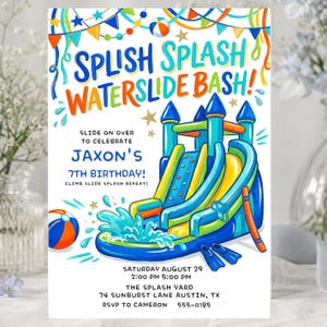 Inbjudan till födelsedagsfest med vattenrutschkana, redigerbar Canvas-mall, Splish Splash Pool Bash utskrivbar digital nedladdning