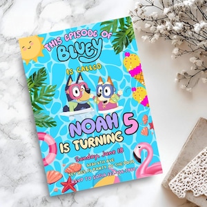 Bluey Pool Party Birthday Invitation, bluey birthday invitation, Summer Birthday Party invitation, Pool Party Invitation, Canva Editable
