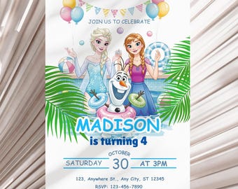 Frozen Summer Party Birthday invitation, Pool party Princess Elsa Anna Olaf Invite 2nd 3rd 4th 5th template girl decor instant download