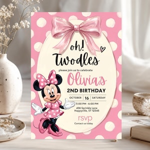 May include: A pink birthday invitation card featuring a white polka dot background, a large pink bow at the top, and an illustration of Minnie Mouse. The text reads: oh! Twodles, please join us to celebrate Olivia's 2ND BIRTHDAY, OCTOBER 16 SATURDAY, 3:00 PM - 6:00 PM, 456 Sprinkle Lane Happyville, ST 12345, rsvp Contact us today.