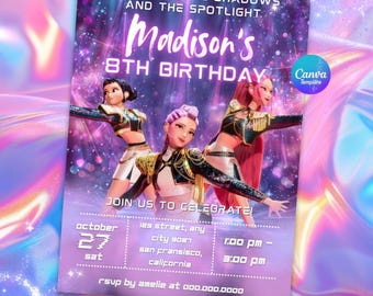 Invitación de cumpleaños de Cazadores de Demonios KPOP, plantilla editable de Canva (descarga digital)