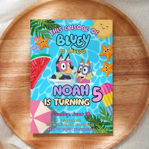Bluey Pool Party Birthday Invitation, bluey birthday invitation, Summer Birthday Party invitation, Pool Party Invitation, Canva Editable