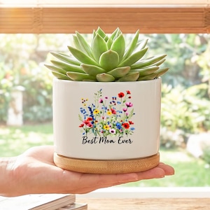 Ceramic Succulent Planter Pot With Wood Base, Best Mom Ever Wildflower Design, Indoor Desk Windowsill Plant Holder, Mother’s Day Gift