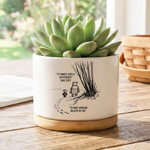 May include: A white ceramic planter with a succulent plant. The planter has a Winnie the Pooh illustration with the quote "IT MAKES SUCH A DIFFERENCE SAID ZOEY" and "TO MAKE SOMEONE BELIEVE IN YOU". The planter sits on a wooden base.