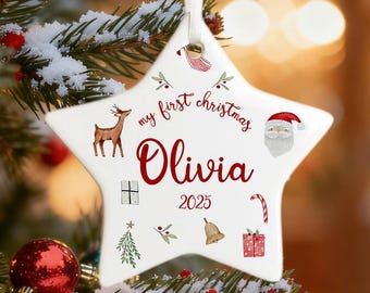 Personalised Baby’s First Christmas Bauble, Baby First Xmas Ornament with Name & Year, Ceramic Tree Decoration Keepsake, New Baby Gift
