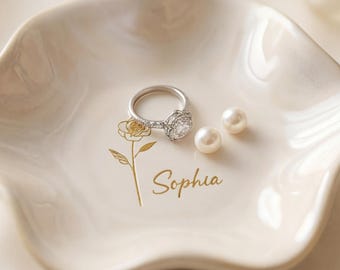 Personalisierte Brautjungfer Ring Schale, benutzerdefinierte Geburt Blume Schmuck Tablett, Brautjungfer Vorschlag Geschenk, Hochzeitsfeier Andenken, Hochzeit Ring Schale