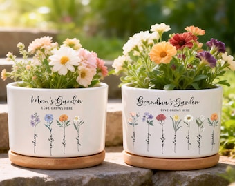 Grandma’s Garden Personalized Birth Flower Pot, Custom Names Planter for Nana, Mother’s Day Gift from Daughter, Family Birth Month Flowers