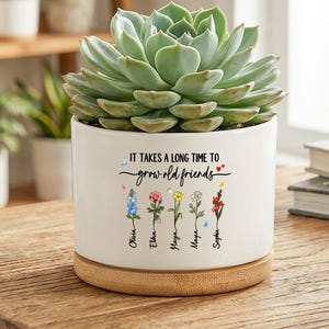 Keramische vetplanter met citaat, namen vriendschapsbloemen, bamboe dienblad | Bureauplantpot voor binnen | Minimalistisch cadeau voor woondecoratie