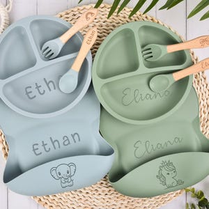 Engraved Baby Weaning Set,Personalized Baby Dining Set,Custom Silicone baby Feeding Plate & Bib,Baby Shower Gifts,Personalized Baby gifts