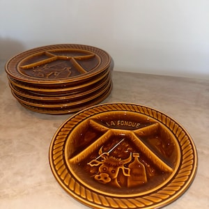 Free US Shipping Vintage Sarreguemines Fondue Plates – La Fondue Brown Ceramic Divided Plates – Retro French Tableware – Set of 2 or 4