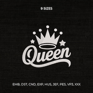 Op de afbeelding: Een wit geborduurd ontwerp op een zwarte stoffen achtergrond met een kroon met vijf punten, twee sterren en het woord Queen in cursief schrift. De tekst 9 SIZES staat bovenaan en EMB, DST, CND, EXP, HUS, JEF, PES, VP3, XXX onderaan.