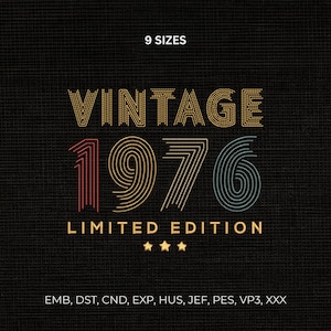 以下が含まれることがあります： 黒い背景に、金、赤、青で「VINTAGE 1976 LIMITED EDITION」の文字。上部に「9 サイズ」の文字。3つの金の星が「LIMITED EDITION」の下にあります。
