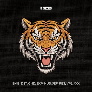 May include: Embroidered tiger head design in orange, white, and black. The tiger has an open mouth with visible teeth and a pink tongue. The text "9 SIZES" is at the top, and embroidery file formats are listed at the bottom.
