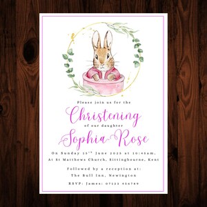 Invito al battesimo per bambine, Peter Rabbit rosa Flopsy, download digitale, modificabile, stampabile