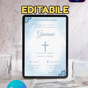 INVITO BATTESIMO Bambino – Modificabile con Canva – Biglietto Digitale Stampabile in Azzurro ELEGANTE