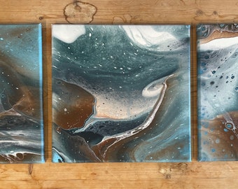 Blues and browns-painting-acrylic paint pour-#3 triptych