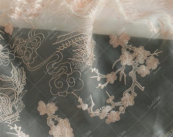 Silk Organza Embroidered Fabric, Chinese Cloud And Plum Blossom Lace, Couture Tulle Fabric