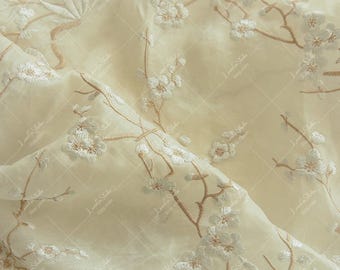 Plum Blossom Embroidered Linen Fabric: Beige Ramie DIY Material