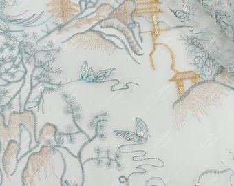 Embroidered Organza Fabric: Oriental Pavilion Bird Lace - Hanfu Dress Sewing