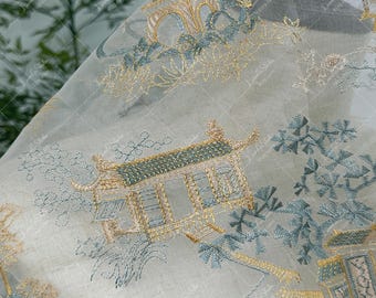 Mulberry Silk Organza Fabric: Chinese Pavilion Embroidery, Sheer Hanfu Material