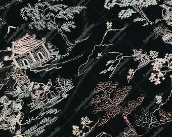 Black Silk Velvet Embroidered Fabric, Chinese Style Brocade, Luxury Vintage Velvet for Dress Coat