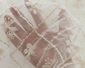 Beige Floral Embroidered Organza Fabric, Sheer Tulle Mesh