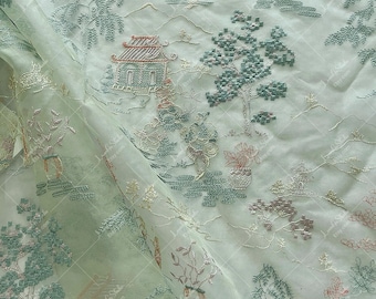 Embroidered Mulberry Silk Organza Fabric: Chinese Pavilion Landscape