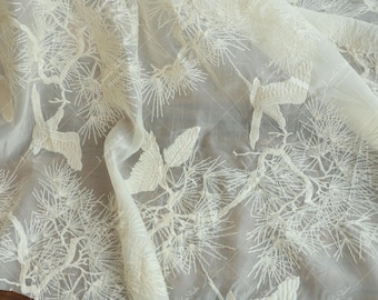 Embroidered Organza Fabric: Crane & Pine Jacquard, Chinese Style Sewing Textile