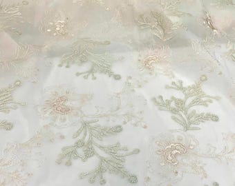 Embroidered Organza Fabric by Yard, Floral Lace Sheer Textile, Ivory Couture Sewing