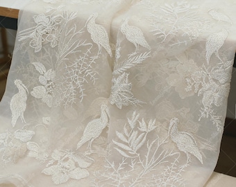 Embroidered Organza Fabric by Yard, Crane Floral Sheer Textile, Asian Style Sewing Material