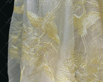 Chinese Crane Embroidery Fabric, Pine Tulle Material, Heavy Embroidered Hanfu Fabric