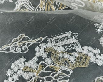 Heavenly Landscape Silk Organza Embroidered Fabric, Chinese Style Mulberry Silk Gauze