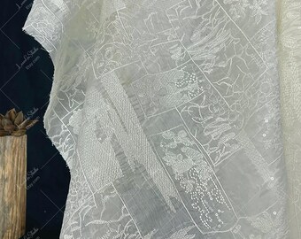 Heavy Embroidered White Tencel Fabric, 3D Sequin Floral Textile, Luxury Bridal Lace Material