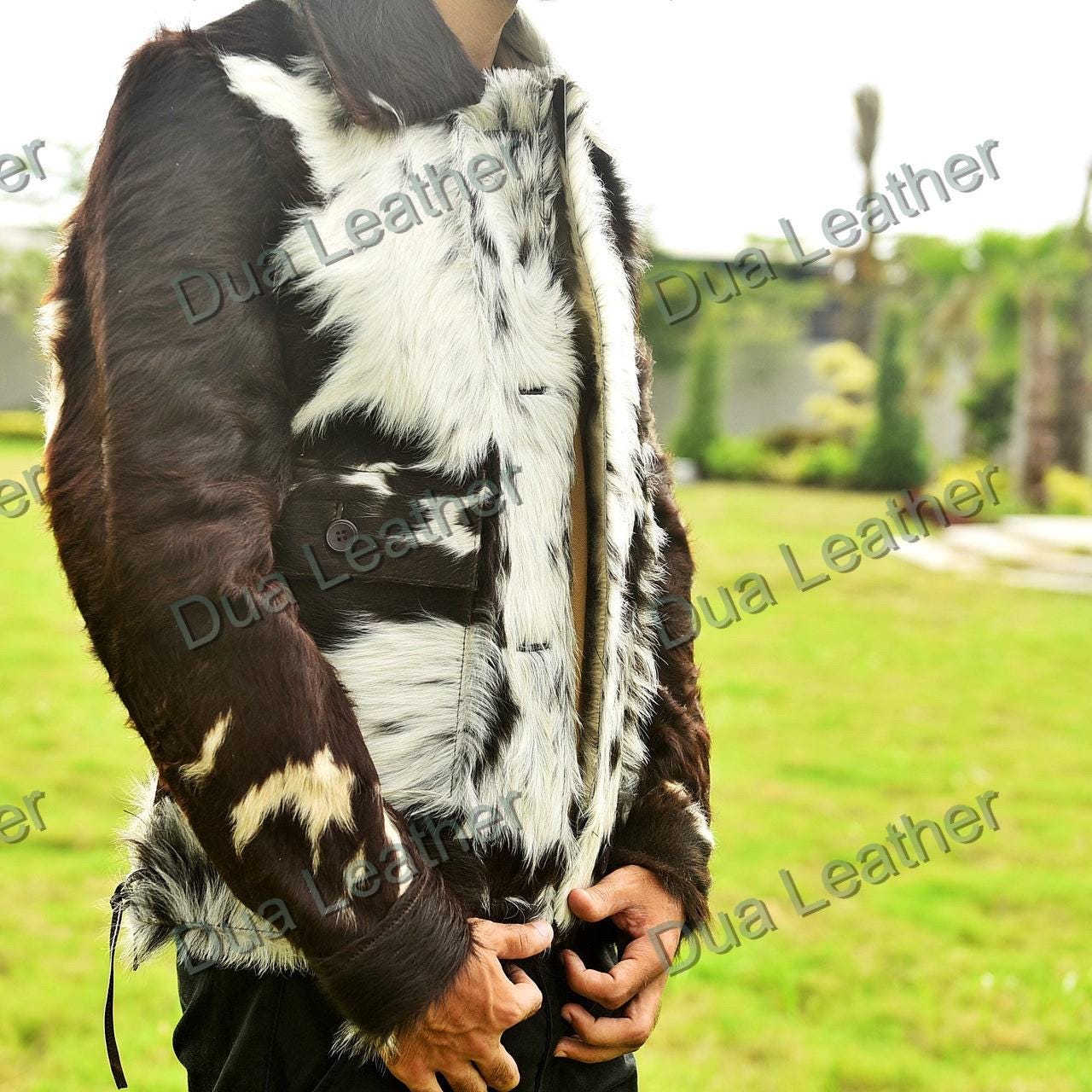 Cowhide Fur Leather Jacket for Men, Hair-on Hide Western Coat