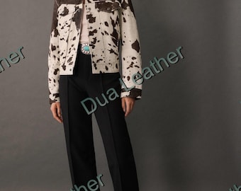 Women’s Cowhide Leather Jacket – Brown and White Hair-on Hide Western Coat