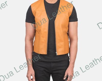 Men’s Tan Genuine Leather Biker Vest Motorcycle Riding Waistcoat Zip Front