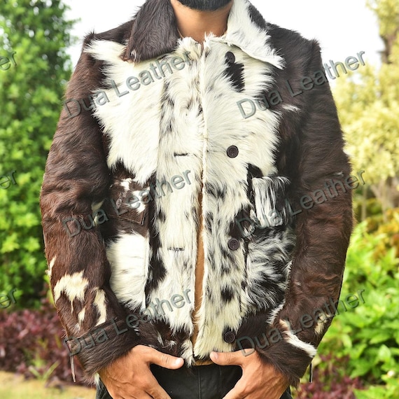 Cowhide Fur Leather Jacket for Men, Hair-on Hide Western Coat
