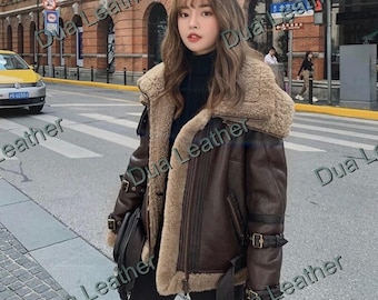 Women's Shearling Aviator Jacket Brown Leather Winter Coat Bomber Pilot Style Warm Outerwear