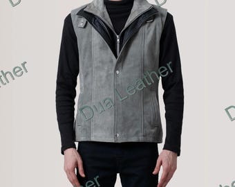 Men’s Grey Suede Leather Biker Vest, Motorcycle Style Zip Front Waistcoat