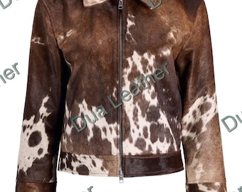 Brown White Cowhide Leather Jacket – Handmade Hair-On Hide Western Coat for Men & Women