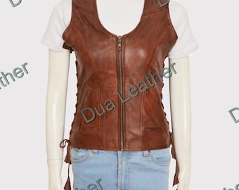 Women’s Brown Genuine Leather Biker Vest, Vintage Zip Front Motorcycle Waistcoat