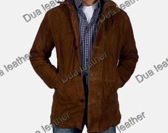 Chaqueta larga con capucha de ante marrón para hombre, estilo vintage, para invierno.