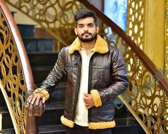 Men’s Shearling Bomber Jacket, Vintage B3 Aviator Coat, Real Sheepskin Leather Winter Jacket