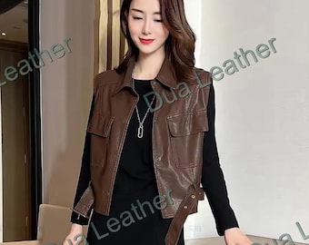 Women’s Brown Leather Vest Button Front Waistcoat with Pockets Belted Casual Biker Style